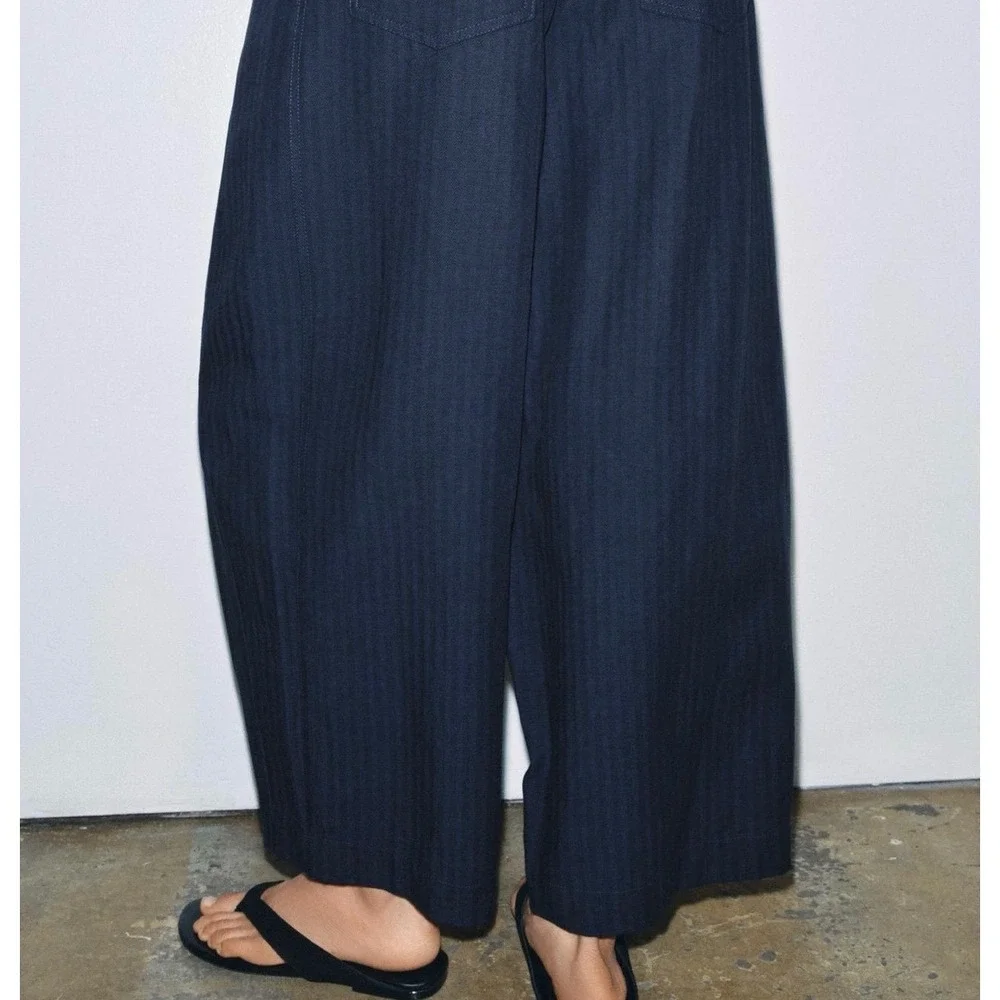 NWT Zara Woman ZW Collection Herringbone Textured Wide Leg Pants Navy Blue
